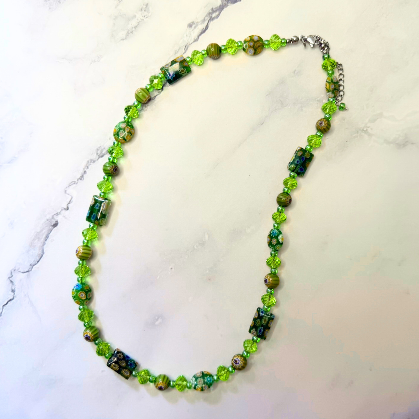 Millefiori Flower Necklace – Spring, Colorful Glass Jewelry in Fresh Green Floral Design, Stainless Steel