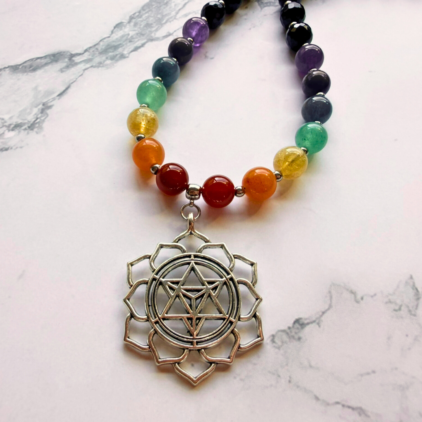 Chakra Statement Necklace – 7 Chakra Gemstone Jewelry for Balance & Symbolism, Onyx & Merkaba Pendant, Stainless Steel