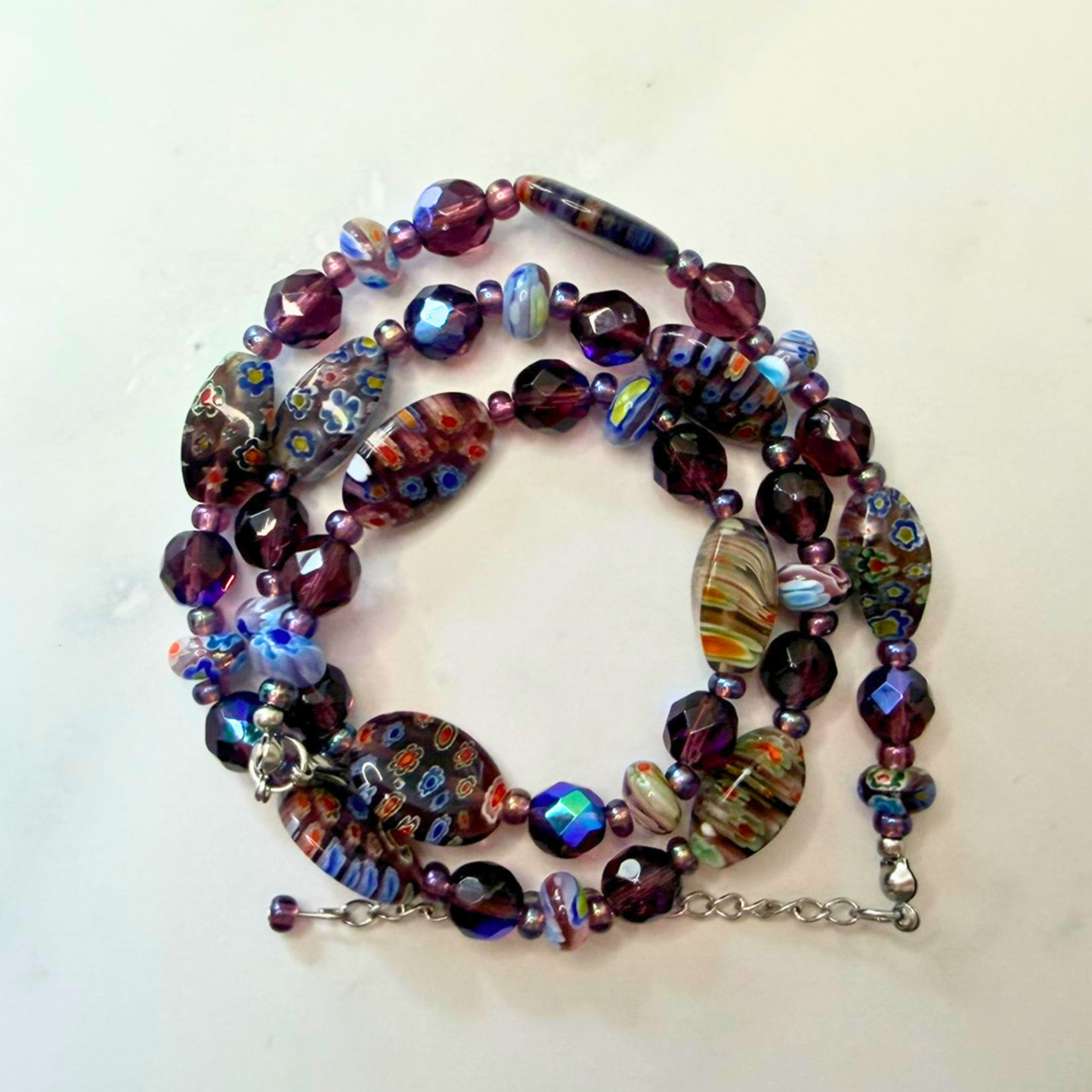Millefiori Flower Necklace – Violet, Colorful Glass Jewelry in Purple Floral Design, Stainless Steel