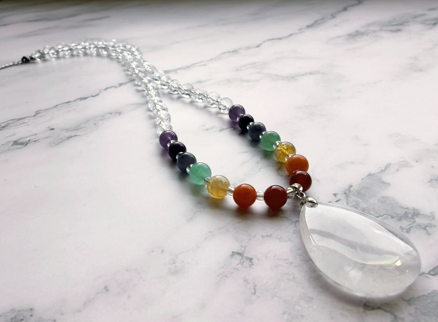 Chakra Statement Necklace – 7 Chakra Gemstone Jewelry for Balance & Clarity, Clear Quartz Pendant, Stainless Steel