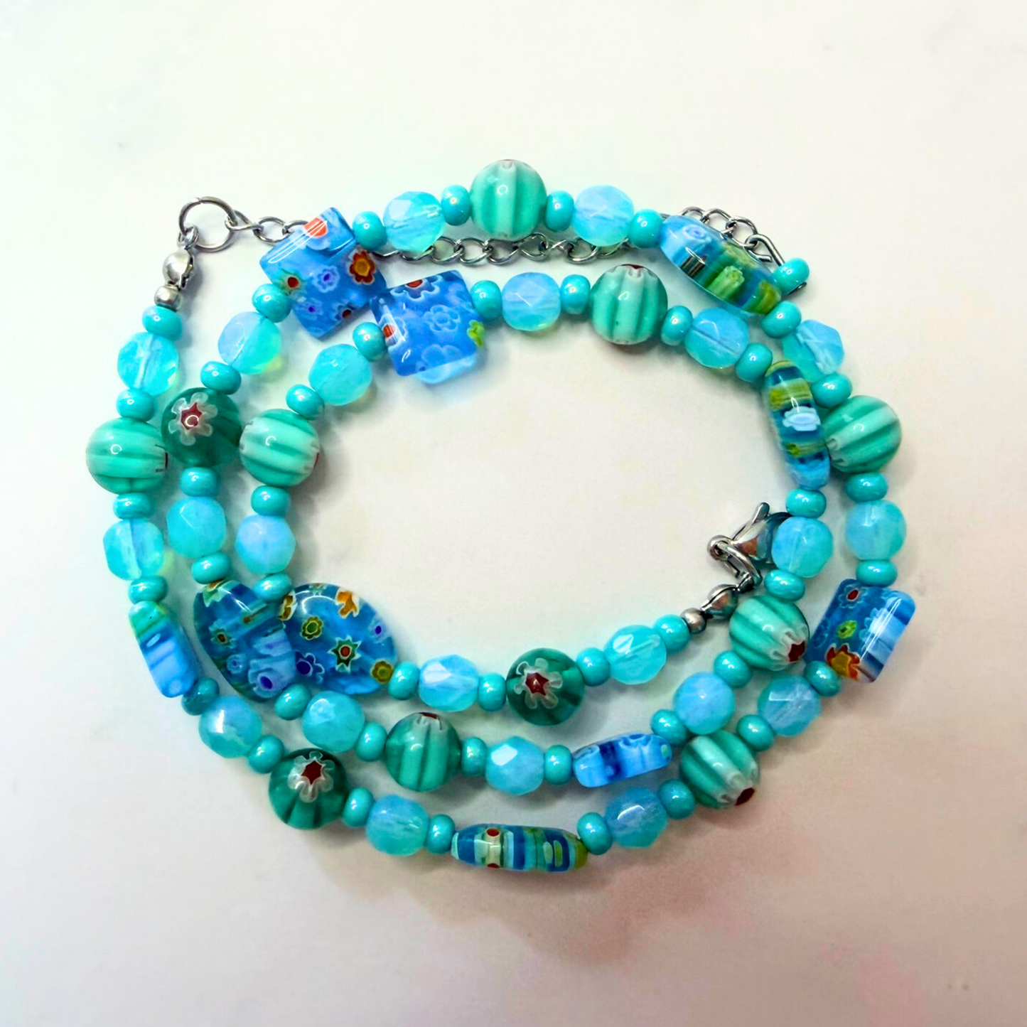 Millefiori Flower Necklace – Lagoon, Colorful Glass Jewelry in Aqua Blue Floral Design, Stainless Steel