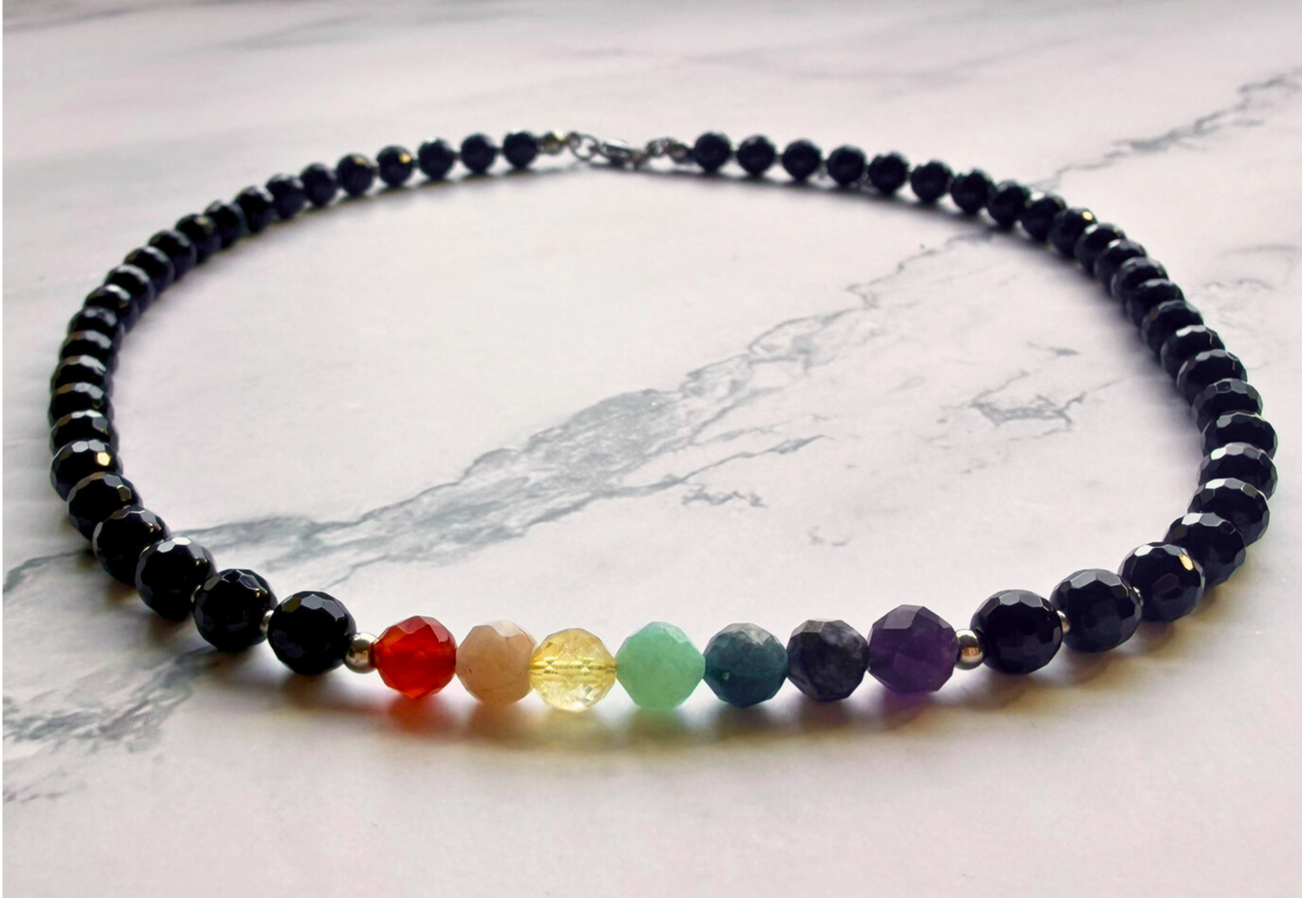 Chakra Choker Necklace – Minimalist 7 Chakra Gemstone Jewelry for Balance & Symbolism, Onyx, Stainless Steel