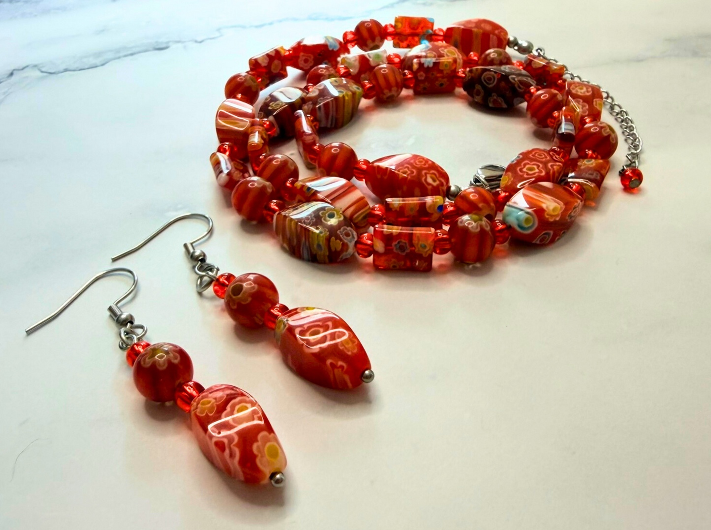Millefiori Flower Necklace – Poppy, Colorful Glass Jewelry in Bold Red Floral Design, Stainless Steel