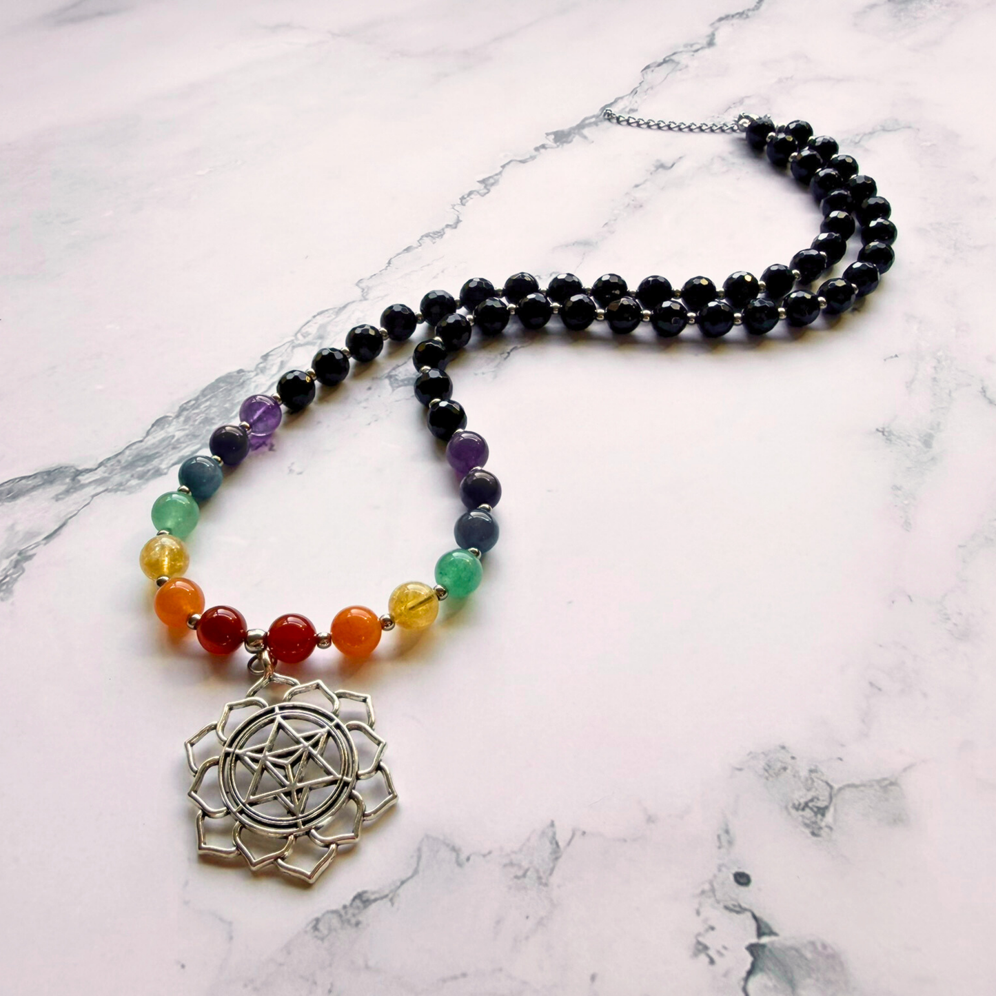 Chakra Statement Necklace – 7 Chakra Gemstone Jewelry for Balance & Symbolism, Onyx & Merkaba Pendant, Stainless Steel