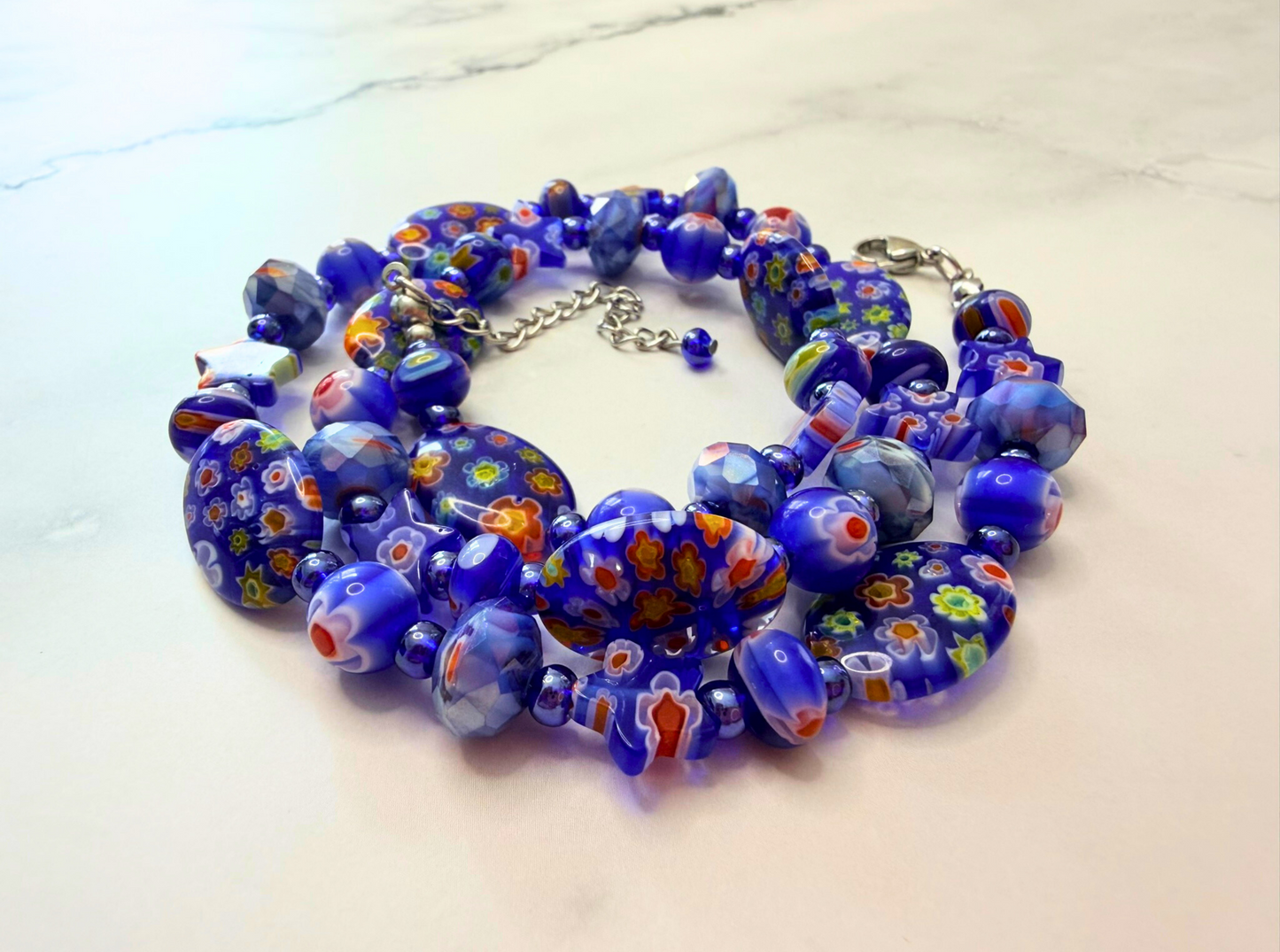Millefiori Flower Necklace – Bluebonnet, Colorful Glass Jewelry in Bold Blue Floral Design, Stainless Steel
