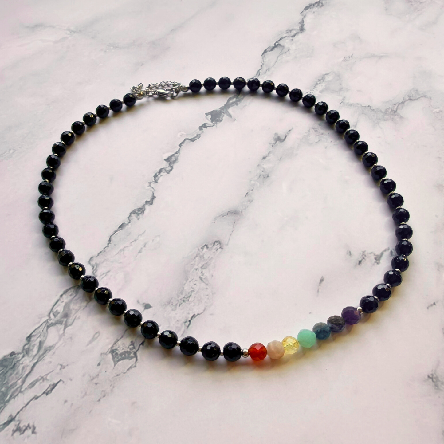 Chakra Choker Necklace – Minimalist 7 Chakra Gemstone Jewelry for Balance & Symbolism, Onyx, Stainless Steel