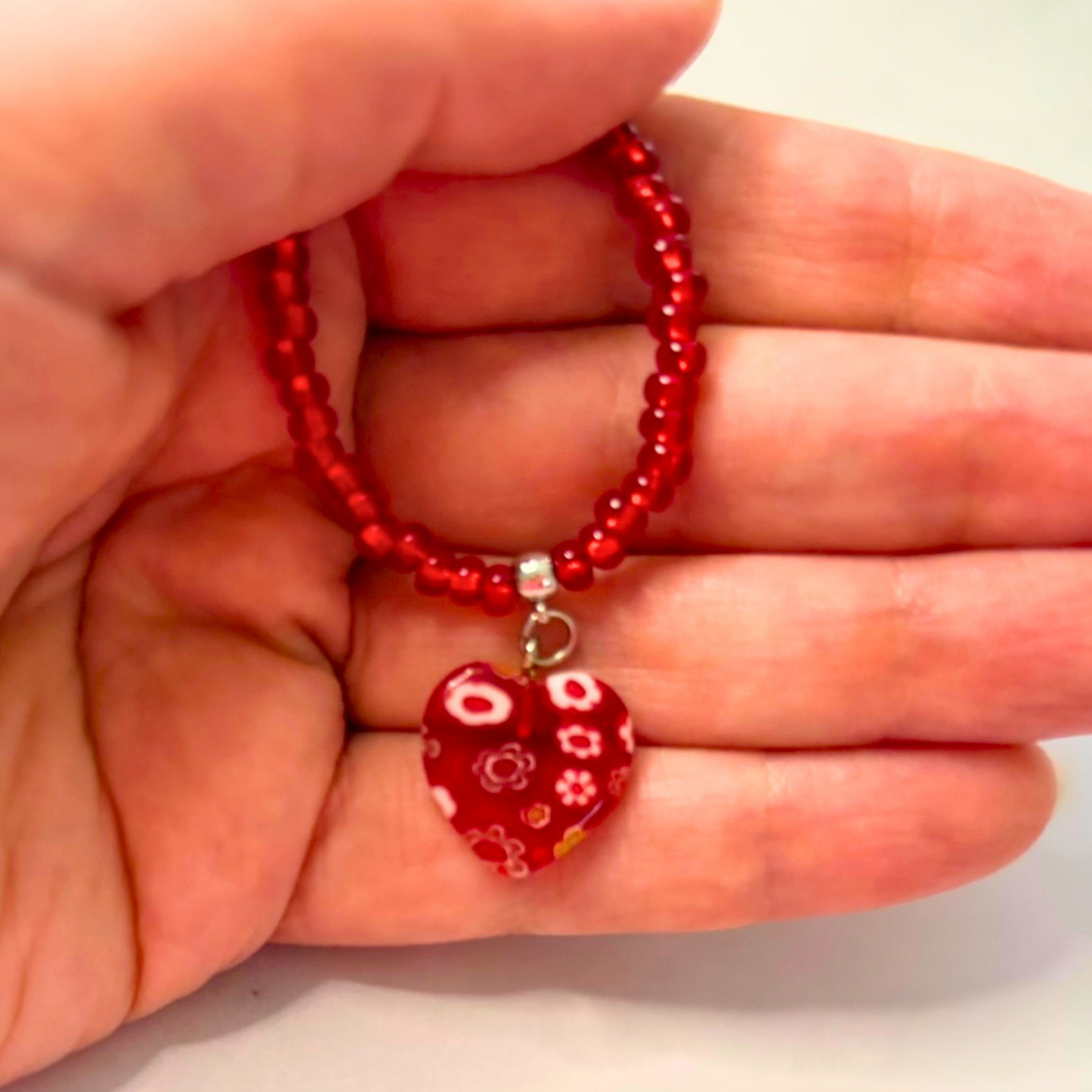 Heartfire Millefiori Heart Necklace – Red Beaded Floral Glass Pendant