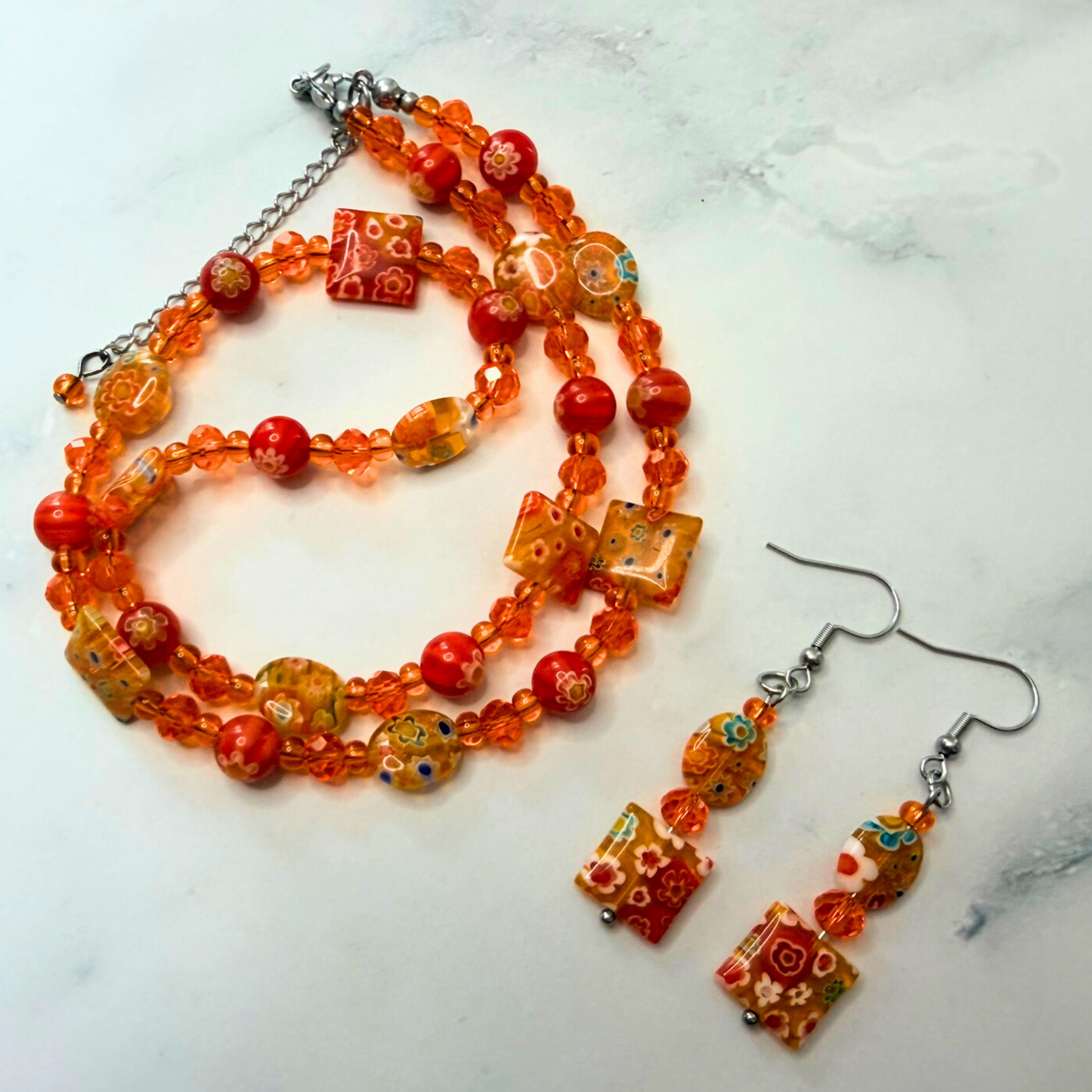 Millefiori Flower Necklace – Tiger Lily, Colorful Glass Jewelry in Orange Floral Design, Stainless Steel