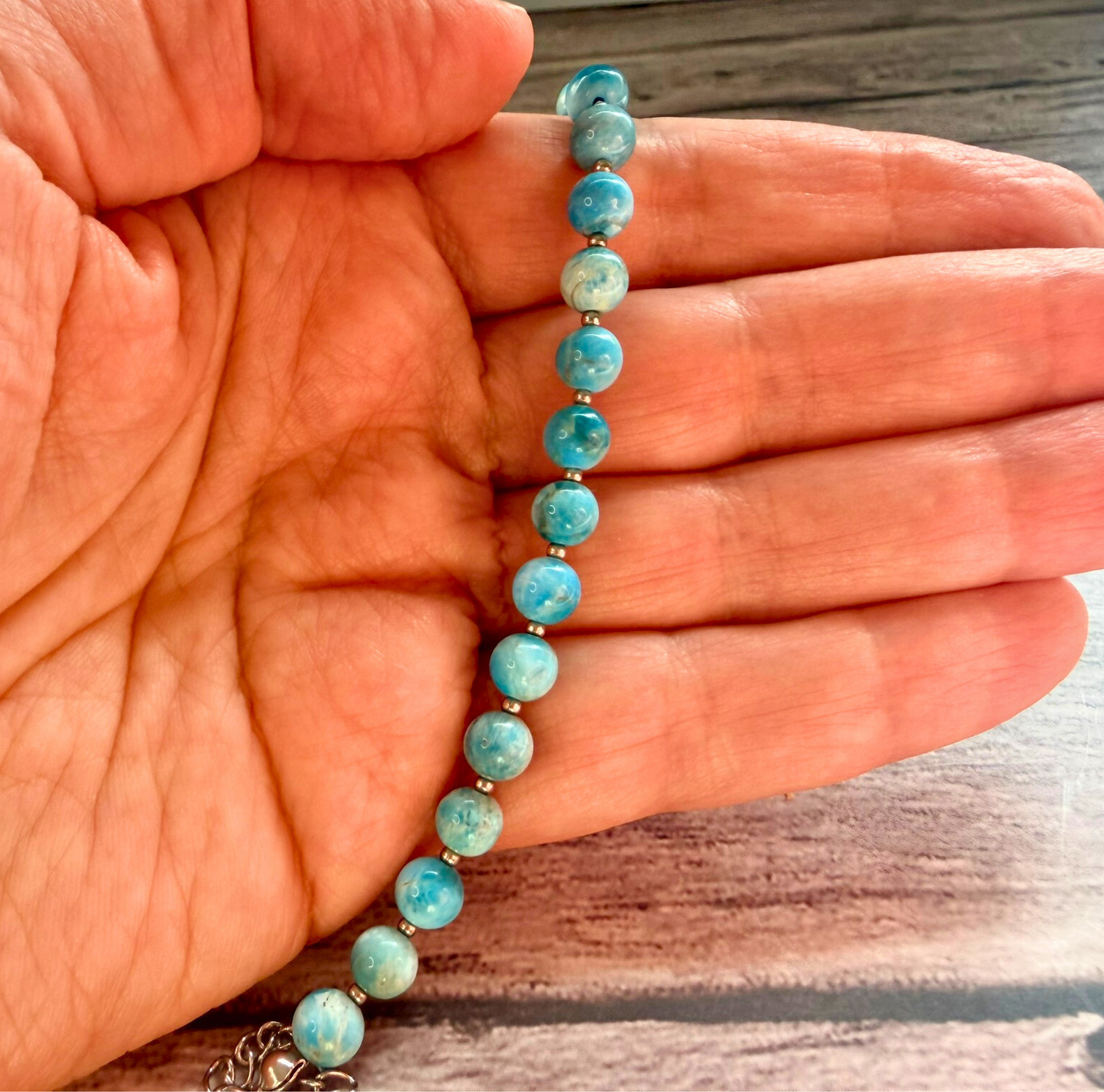 Sky Blue Apatite Bracelet – Minimalist Gemstone Jewelry with Stainless Steel, 6mm Beads