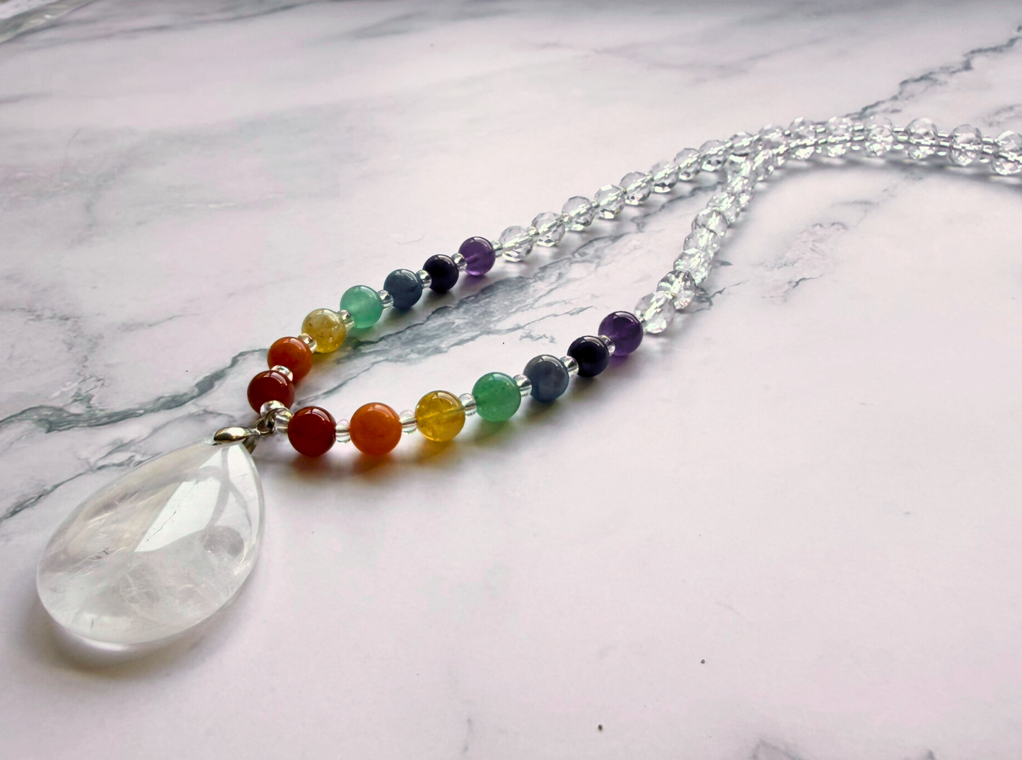 Chakra Statement Necklace – 7 Chakra Gemstone Jewelry for Balance & Clarity, Clear Quartz Pendant, Stainless Steel