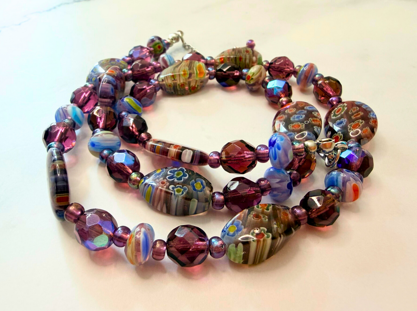 Millefiori Flower Necklace – Violet, Colorful Glass Jewelry in Purple Floral Design, Stainless Steel