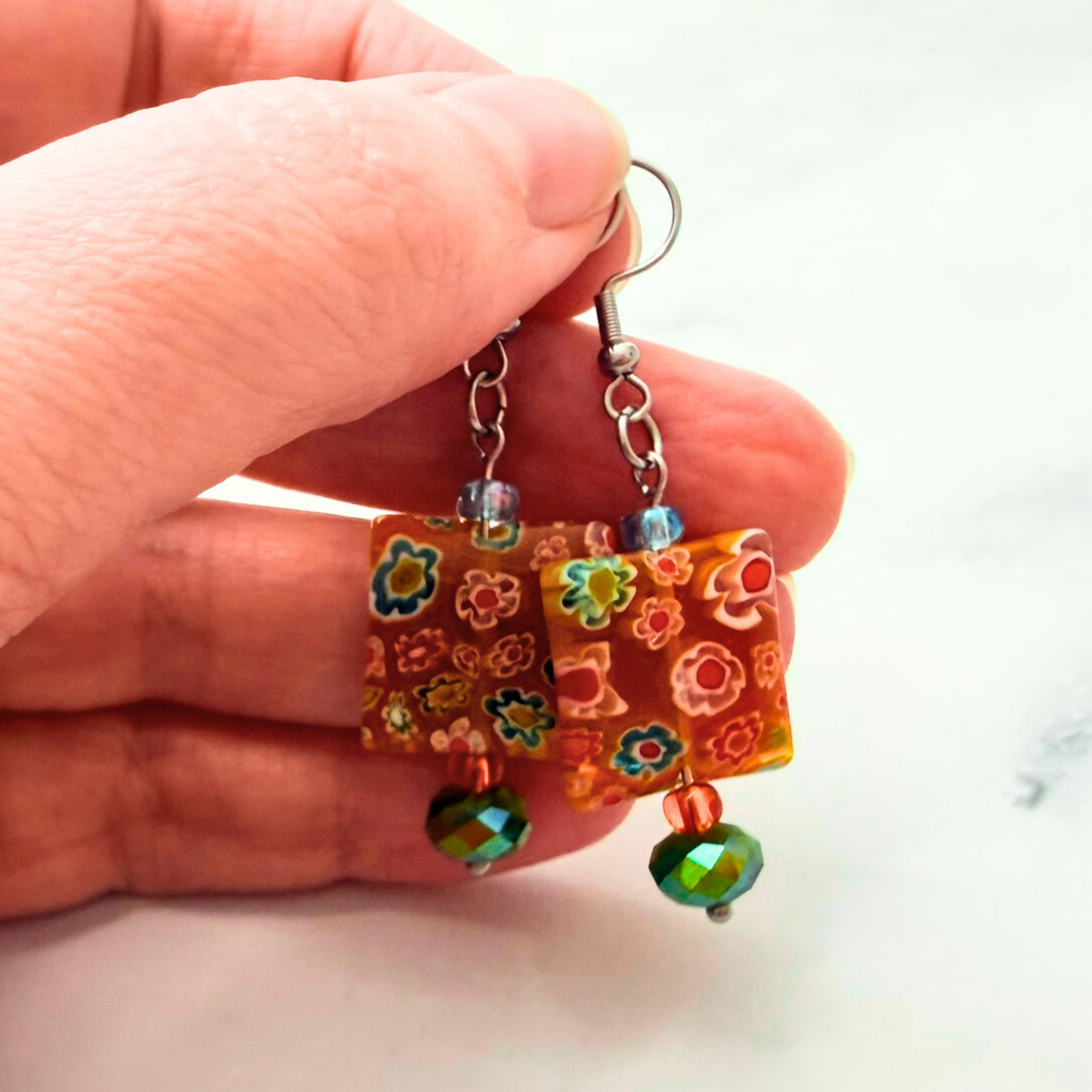 Millefiori Flower Earrings – Sunshine Garden, Colorful Glass Jewelry in Bright Yellow Tones, Stainless Steel