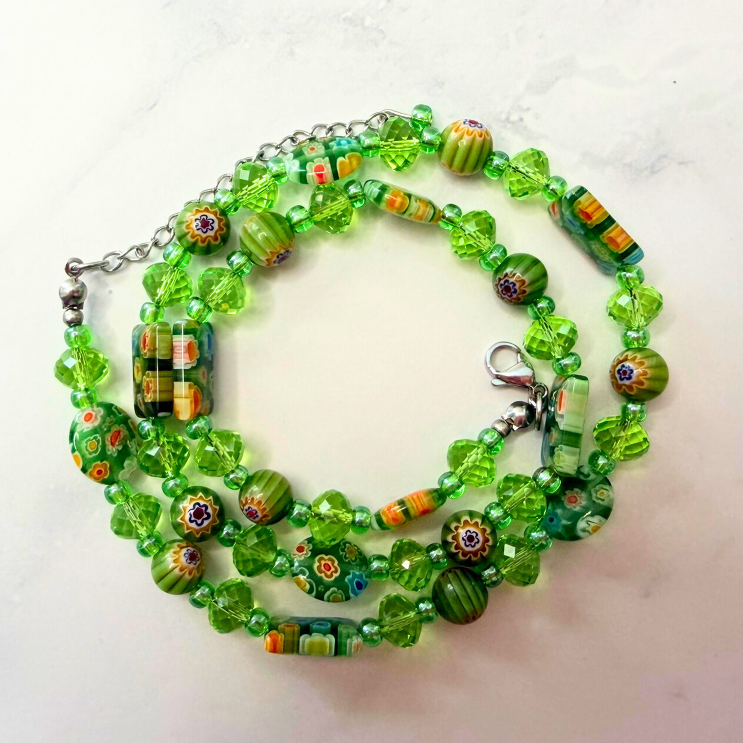 Millefiori Flower Necklace – Spring, Colorful Glass Jewelry in Fresh Green Floral Design, Stainless Steel