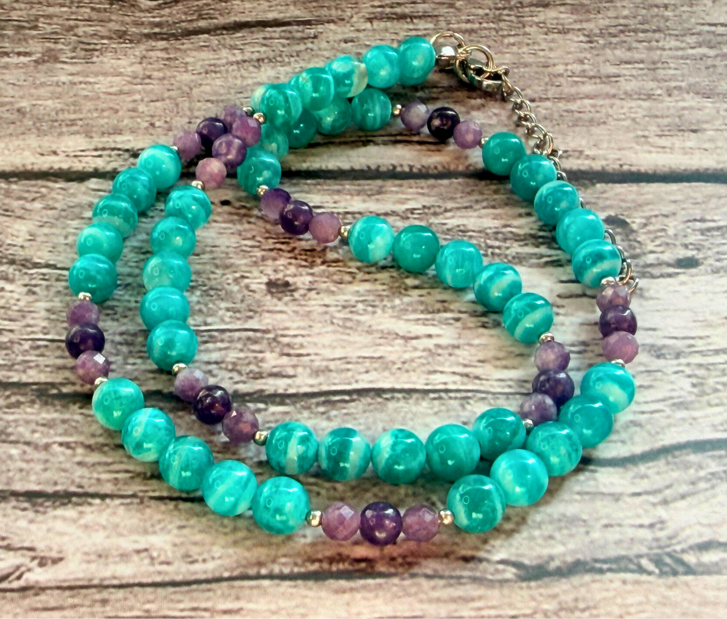 AAA Amazonite & Lepidolite Gemstone Necklace – Teal & Lavender Boho Chic Jewelry