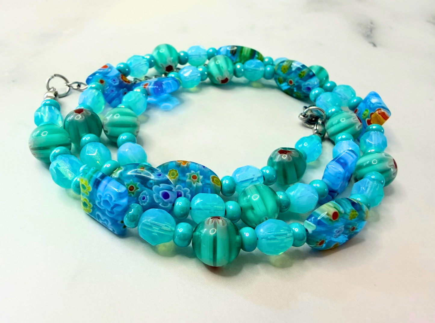 Millefiori Flower Necklace – Lagoon, Colorful Glass Jewelry in Aqua Blue Floral Design, Stainless Steel