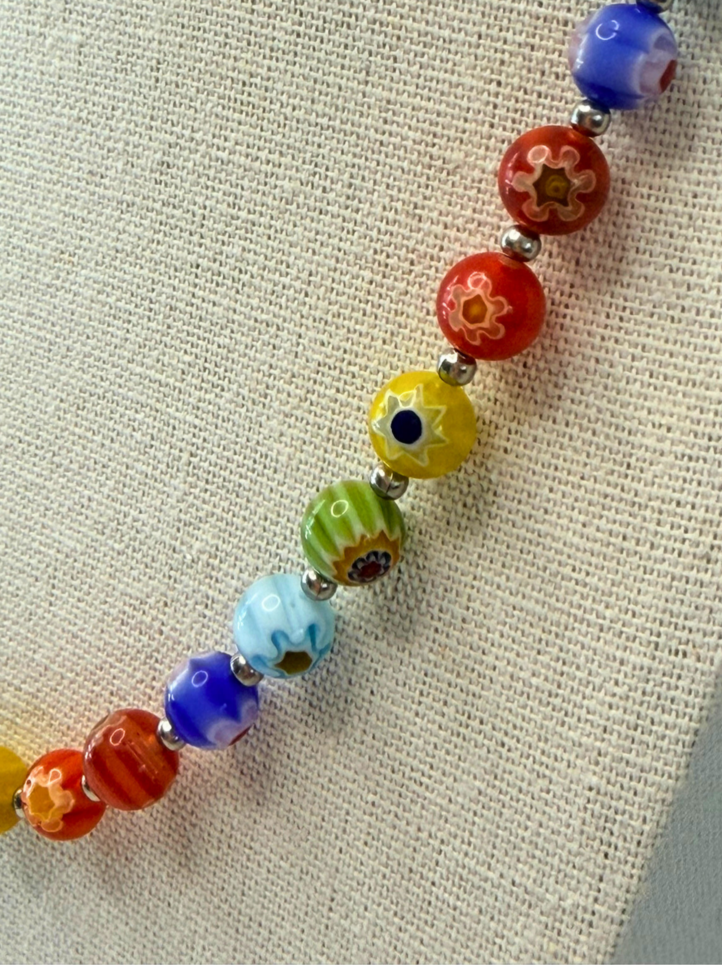 Millefiori Flower Necklace – Enchanted Garden, Rainbow Glass Jewelry for Everyday Wear, Stainless Steel