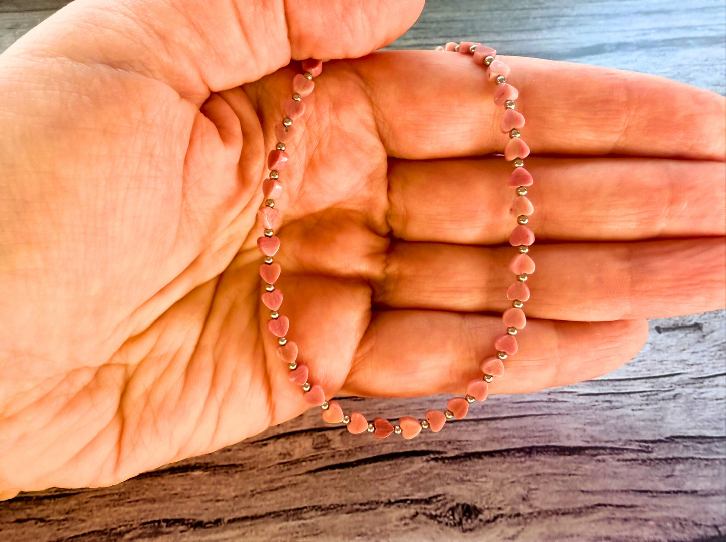 Rhodonite Heart Necklace – Minimalist Pink Gemstone Jewelry, Stainless Steel