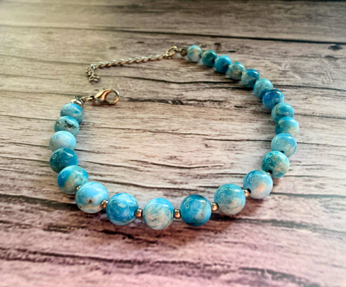 Sky Blue Apatite Bracelet – Minimalist Gemstone Jewelry with Stainless Steel, 6mm Beads