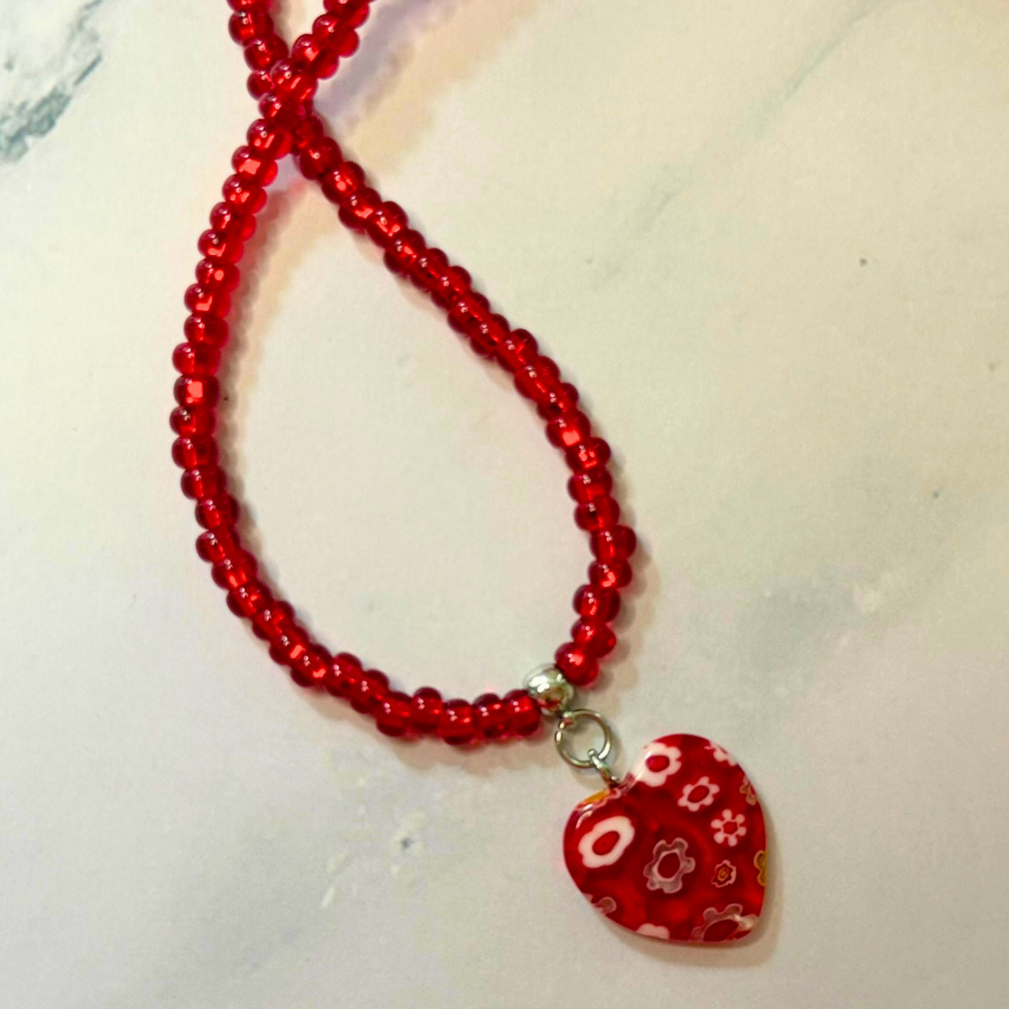 Heartfire Millefiori Heart Necklace – Red Beaded Floral Glass Pendant