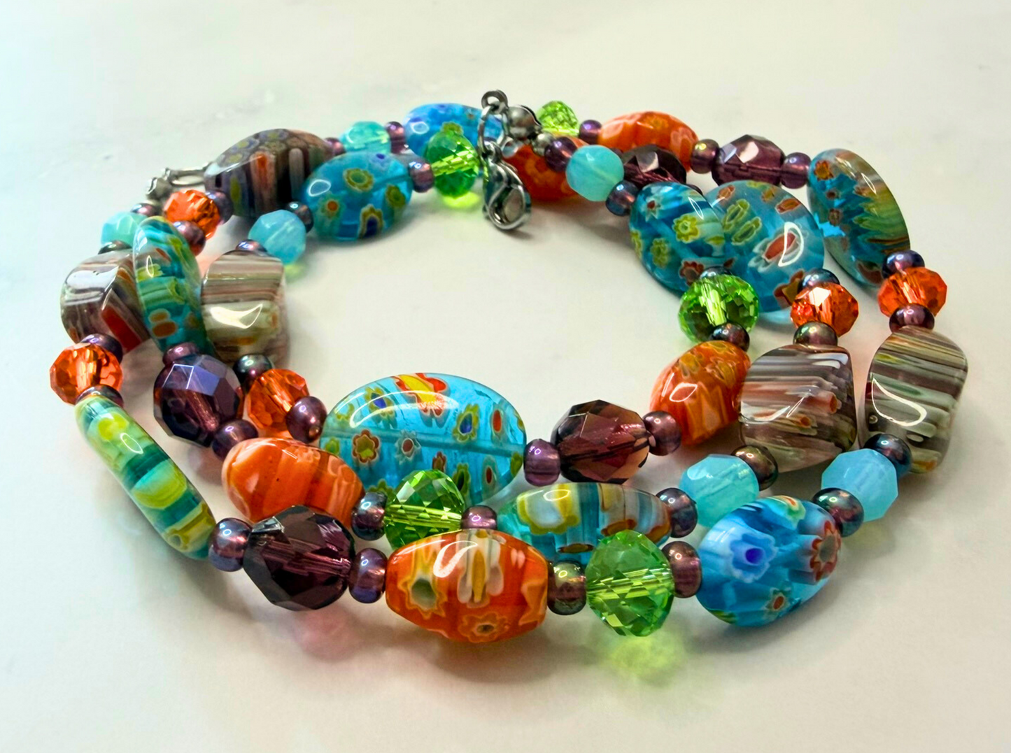 Millefiori Flower Necklace – Wildflower, Colorful Glass Jewelry in Multicolor Floral Design, Stainless Steel