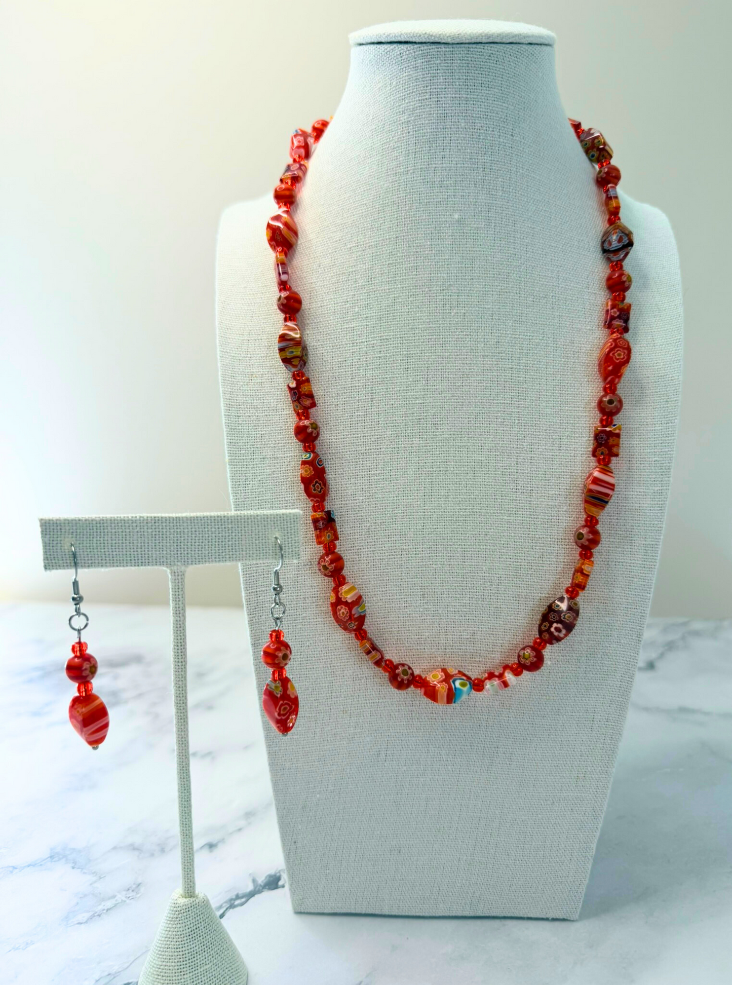 Millefiori Flower Necklace – Poppy, Colorful Glass Jewelry in Bold Red Floral Design, Stainless Steel