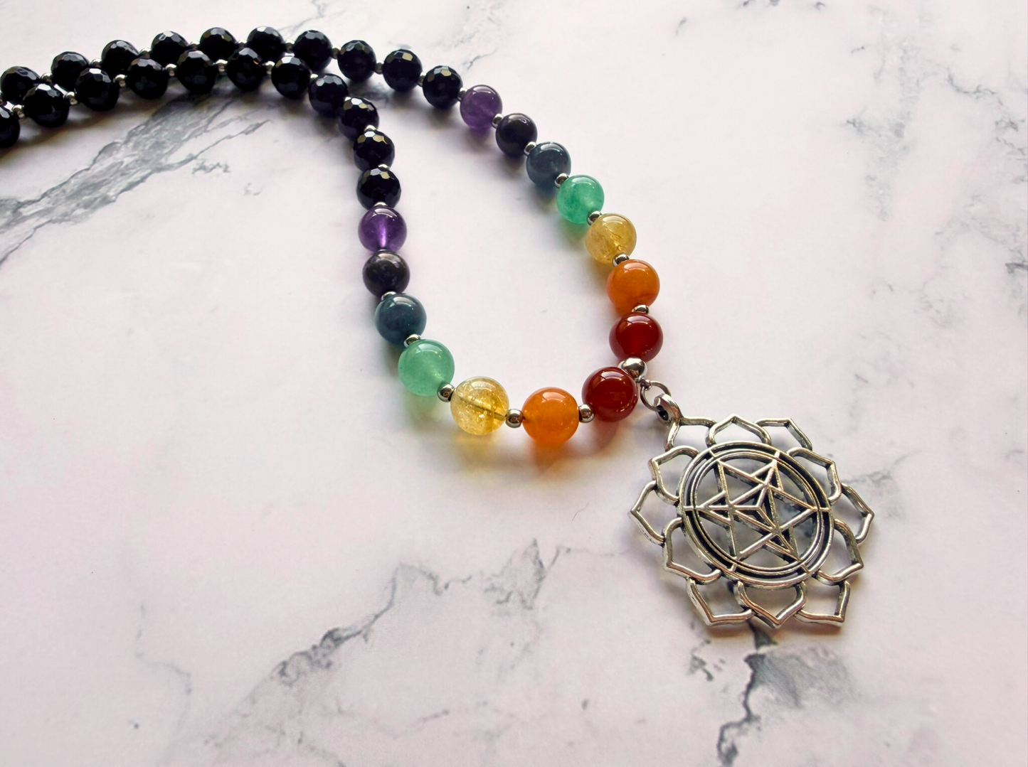 Chakra Statement Necklace – 7 Chakra Gemstone Jewelry for Balance & Symbolism, Onyx & Merkaba Pendant, Stainless Steel