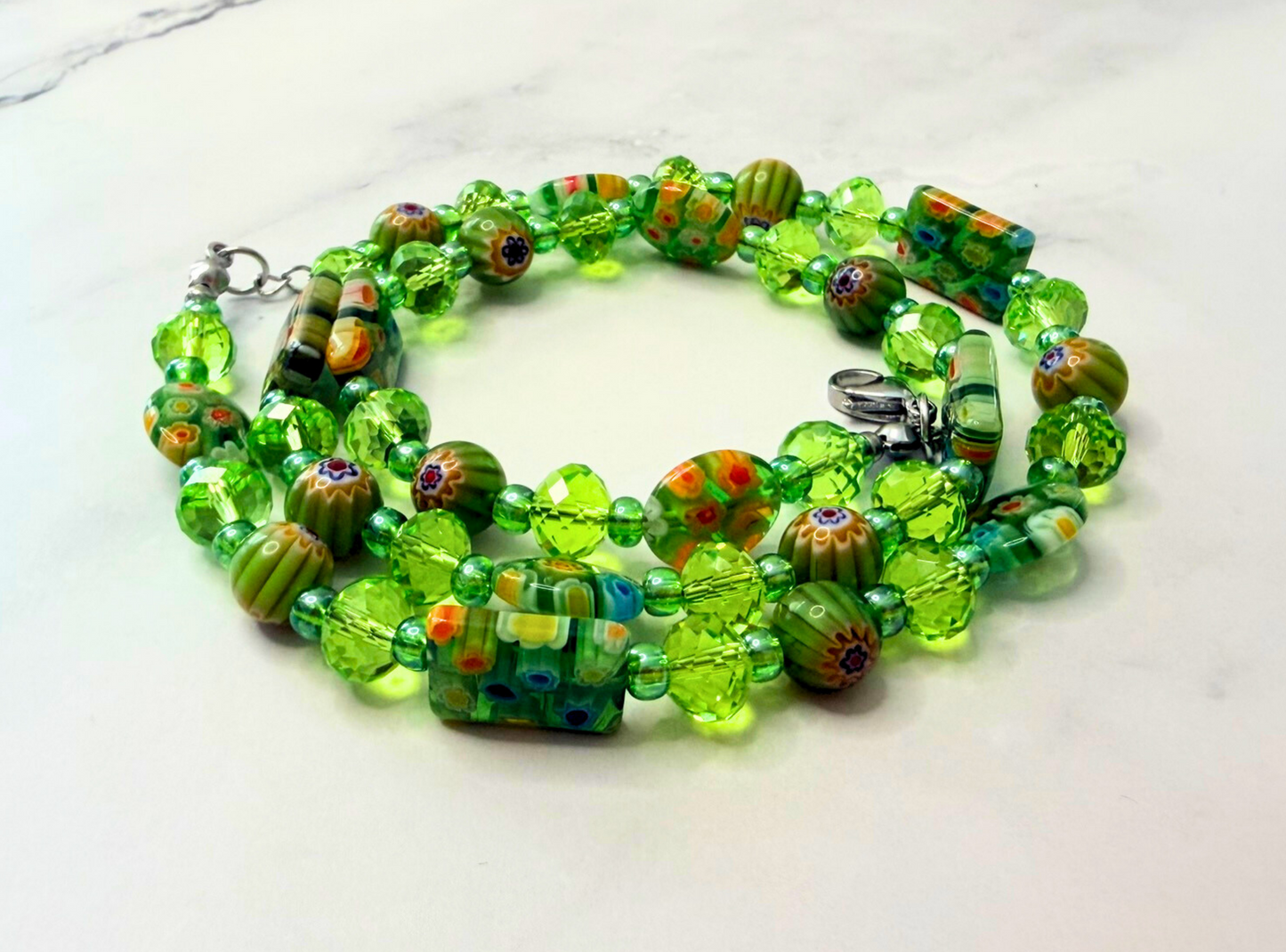 Millefiori Flower Necklace – Spring, Colorful Glass Jewelry in Fresh Green Floral Design, Stainless Steel