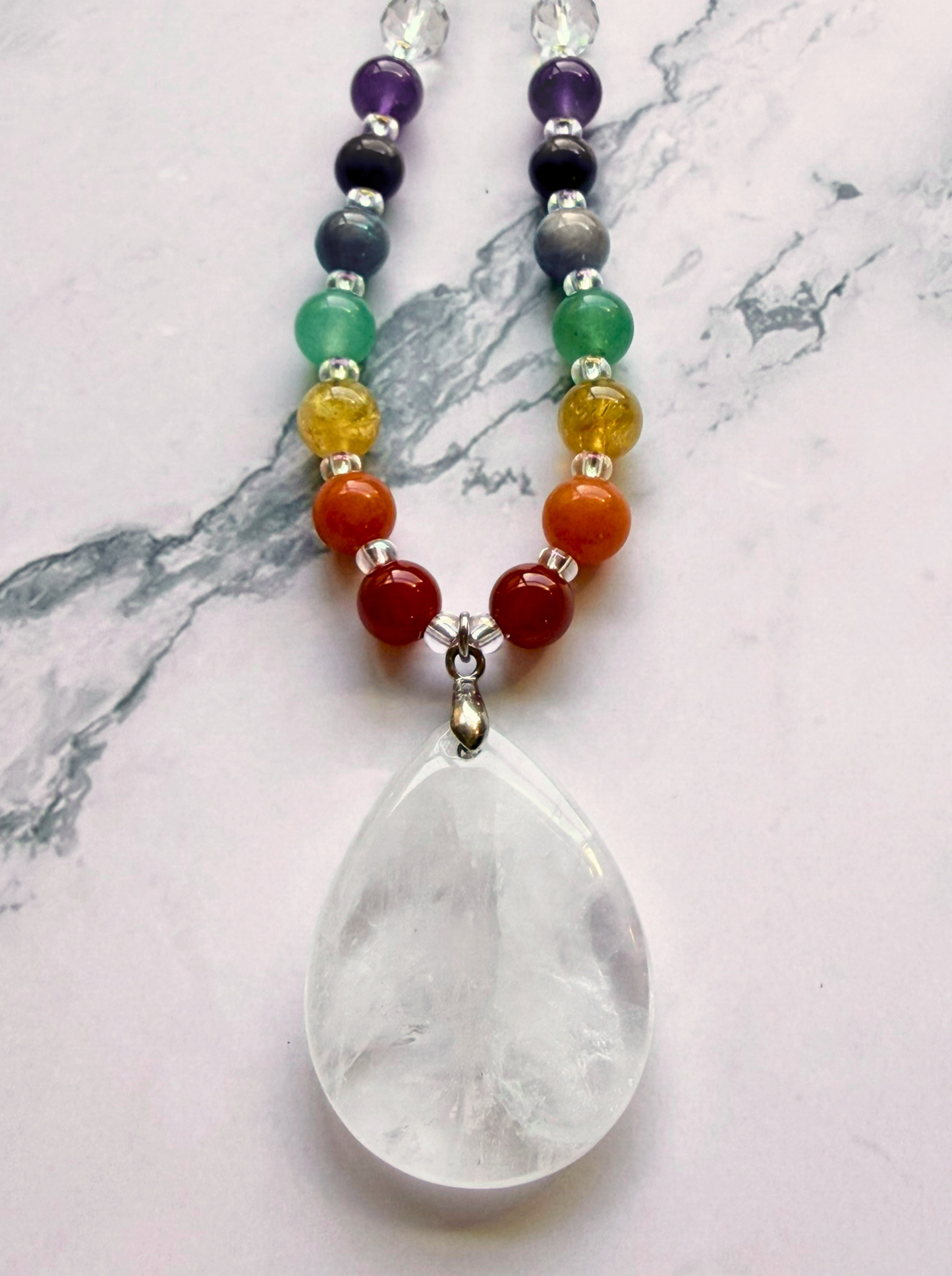 Chakra Statement Necklace – 7 Chakra Gemstone Jewelry for Balance & Clarity, Clear Quartz Pendant, Stainless Steel