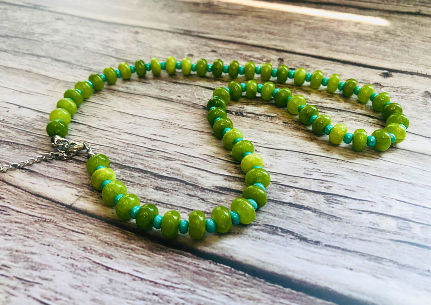 Tropical Limeade Candy Necklace – Lime Jade & Aqua Beads